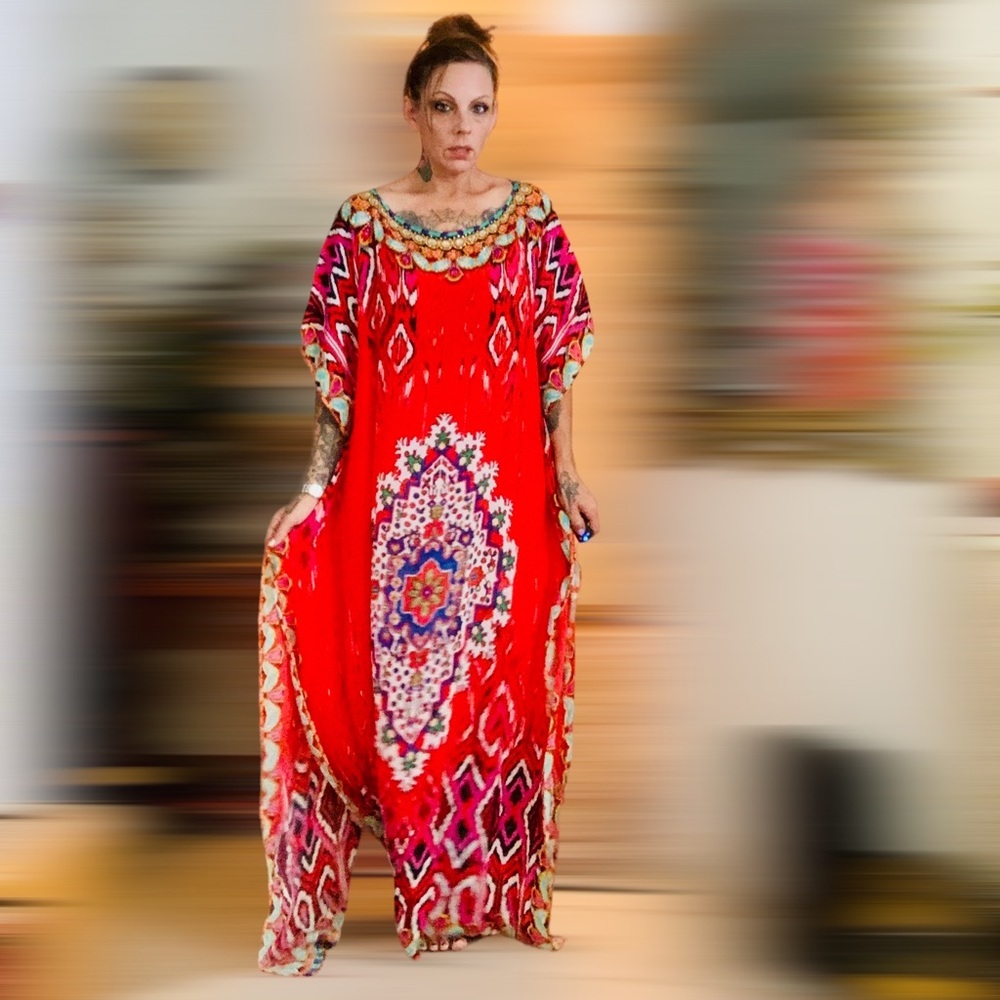 Ornate Jeweled Neckline Mandala Boho Batik Caftan Maxi Dress Coverup Real Silk